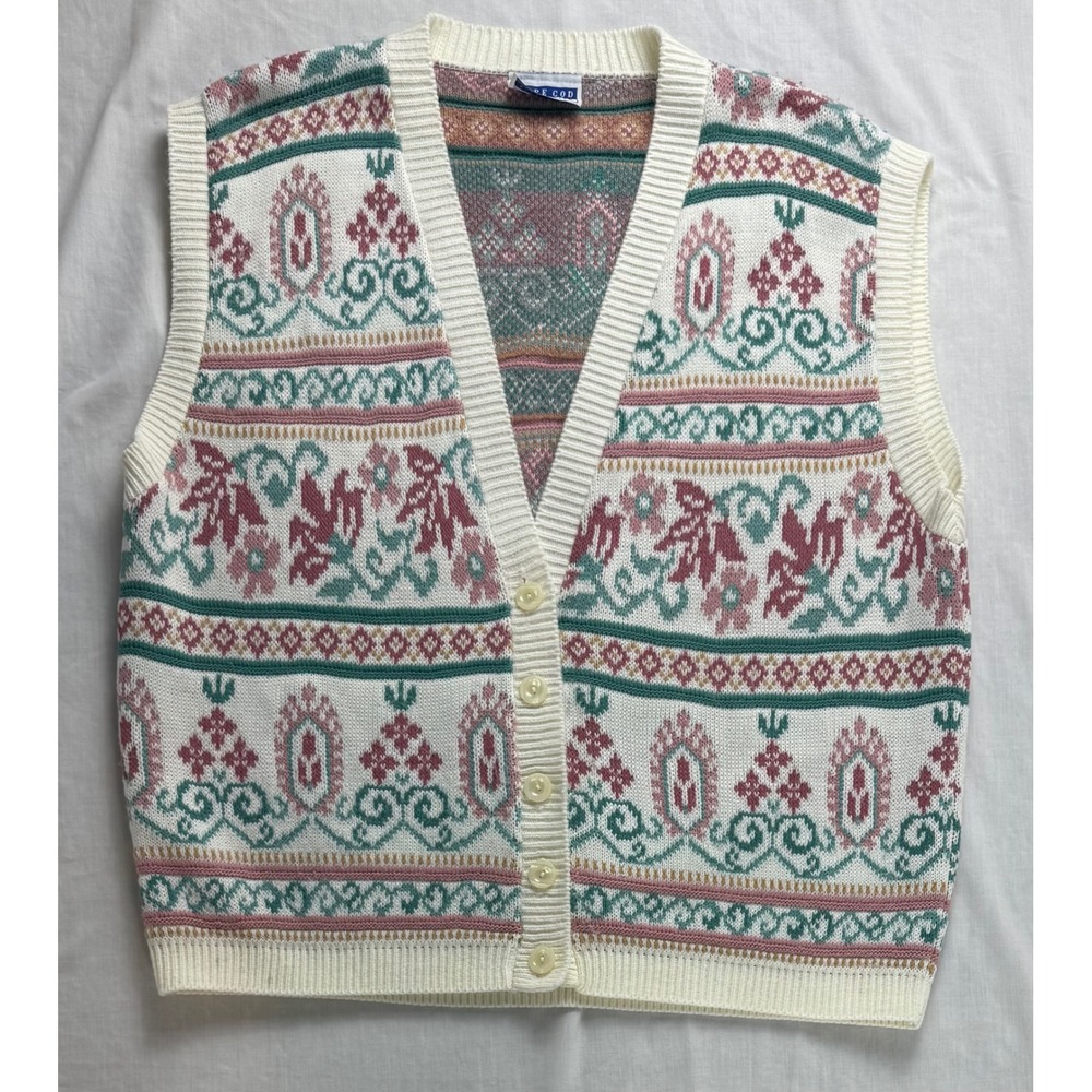 Cape Cod Sportswear Vintage Floral Fair Isle Knit Sweater Vest Womens  L